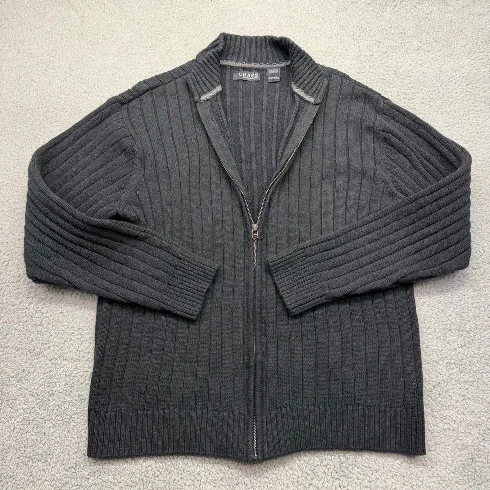 Chaps‎ 70741 Mens XL Black 100% Cotton C28969 Full Zip Ribbed Mock Neck Sweater
